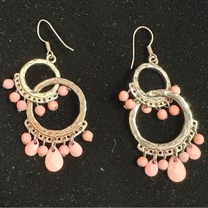Silver Hammered Double Hoop Pink Beaded Earrings